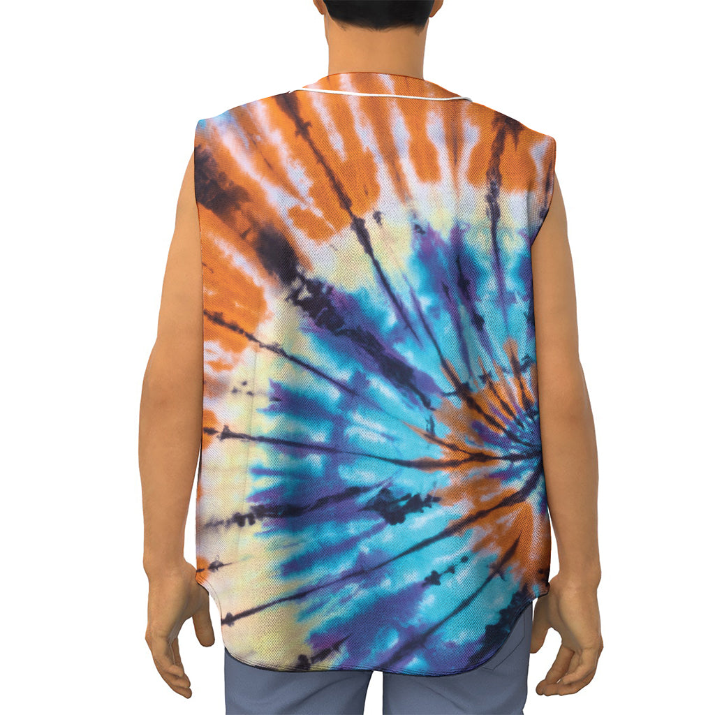 Blue And Orange Tie Dye Print Sleeveless Baseball Jersey