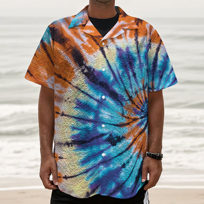Blue And Orange Tie Dye Print Textured Short Sleeve Shirt