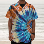 Blue And Orange Tie Dye Print Textured Short Sleeve Shirt
