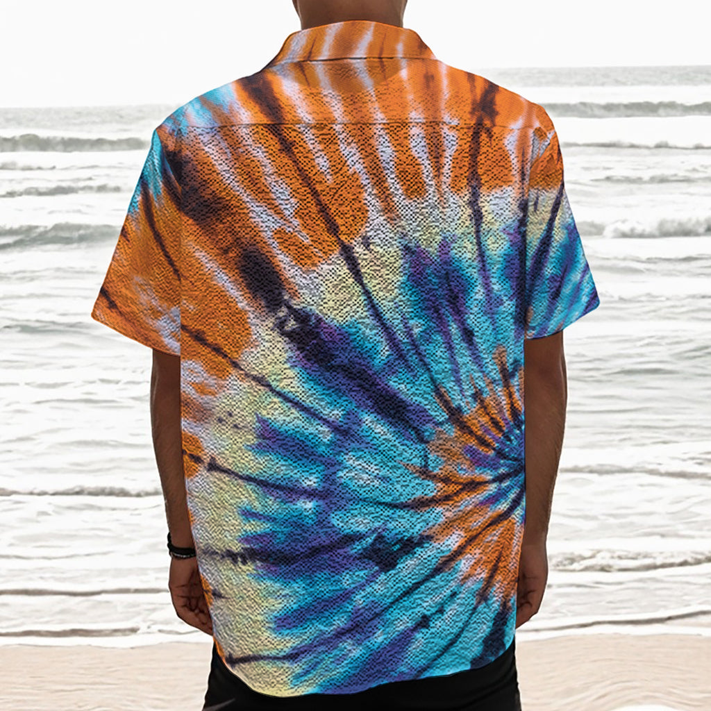 Blue And Orange Tie Dye Print Textured Short Sleeve Shirt