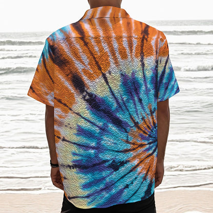 Blue And Orange Tie Dye Print Textured Short Sleeve Shirt