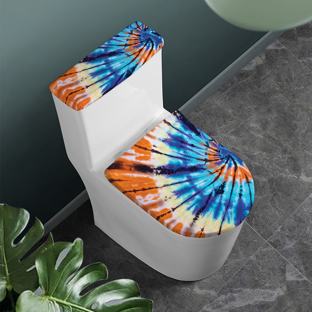 Blue And Orange Tie Dye Print Toilet Lid And Tank Cover Set