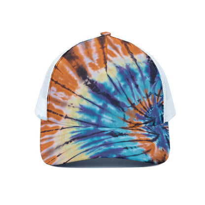 Blue And Orange Tie Dye Print White Mesh Trucker Cap