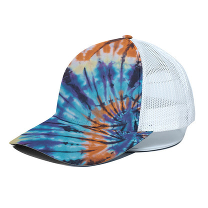 Blue And Orange Tie Dye Print White Mesh Trucker Cap