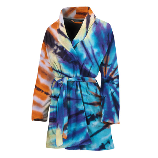 Blue And Orange Tie Dye Print Women's Bathrobe