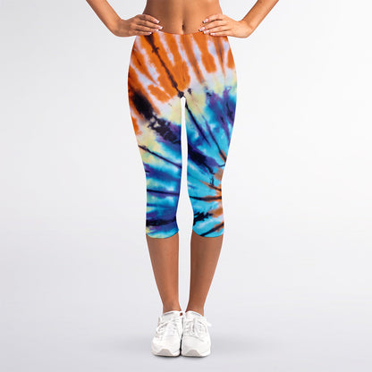 Blue And Orange Tie Dye Print Women's Capri Leggings