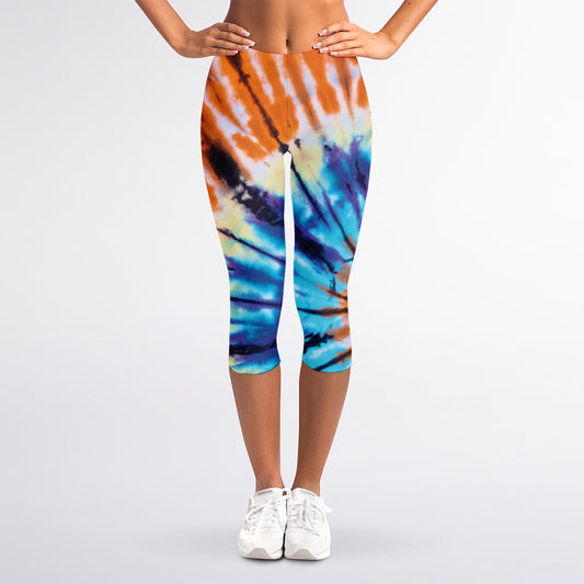 Blue And Orange Tie Dye Print Women's Capri Leggings