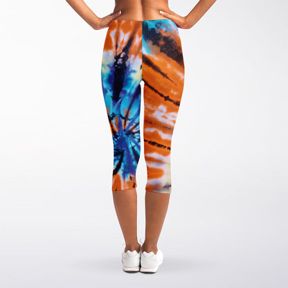 Blue And Orange Tie Dye Print Women's Capri Leggings