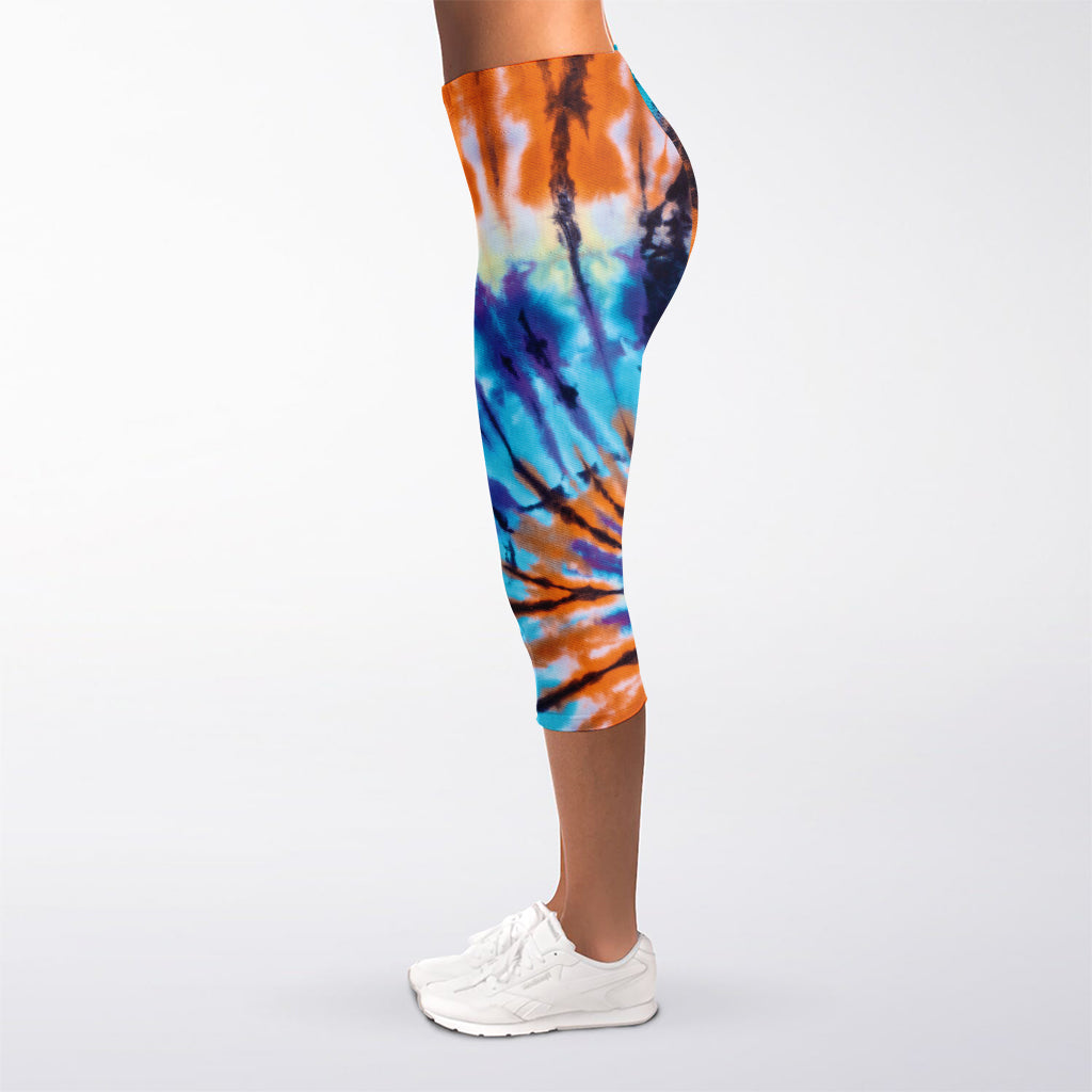 Blue And Orange Tie Dye Print Women's Capri Leggings