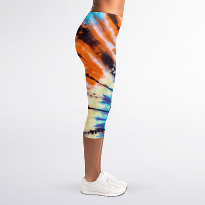 Blue And Orange Tie Dye Print Women's Capri Leggings