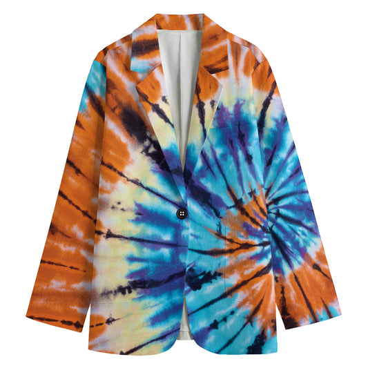Blue And Orange Tie Dye Print Women's Cotton Blazer