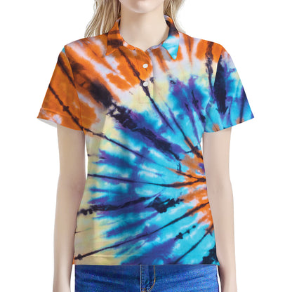 Blue And Orange Tie Dye Print Women's Polo Shirt