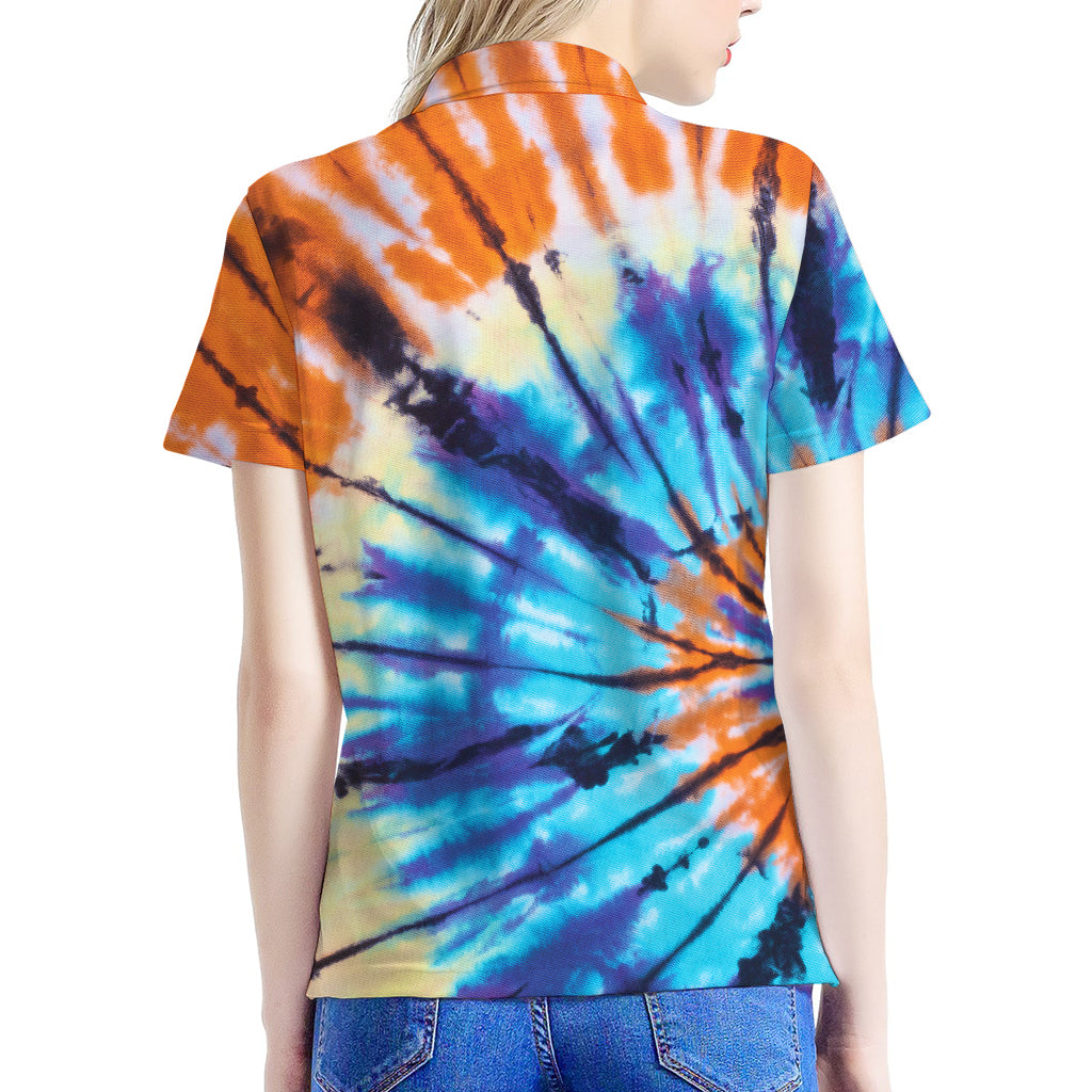 Blue And Orange Tie Dye Print Women's Polo Shirt