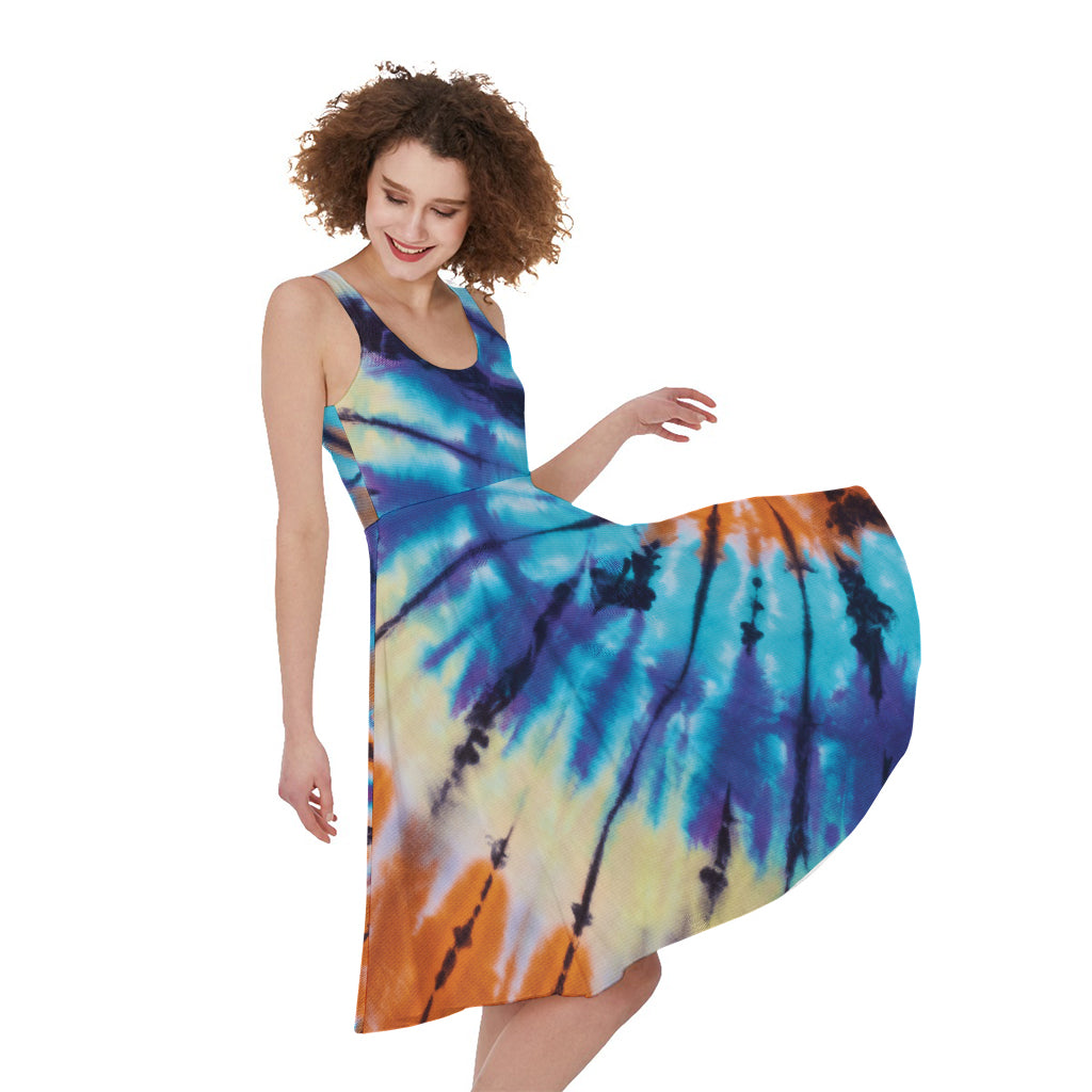 Blue And Orange Tie Dye Print Women's Sleeveless Dress
