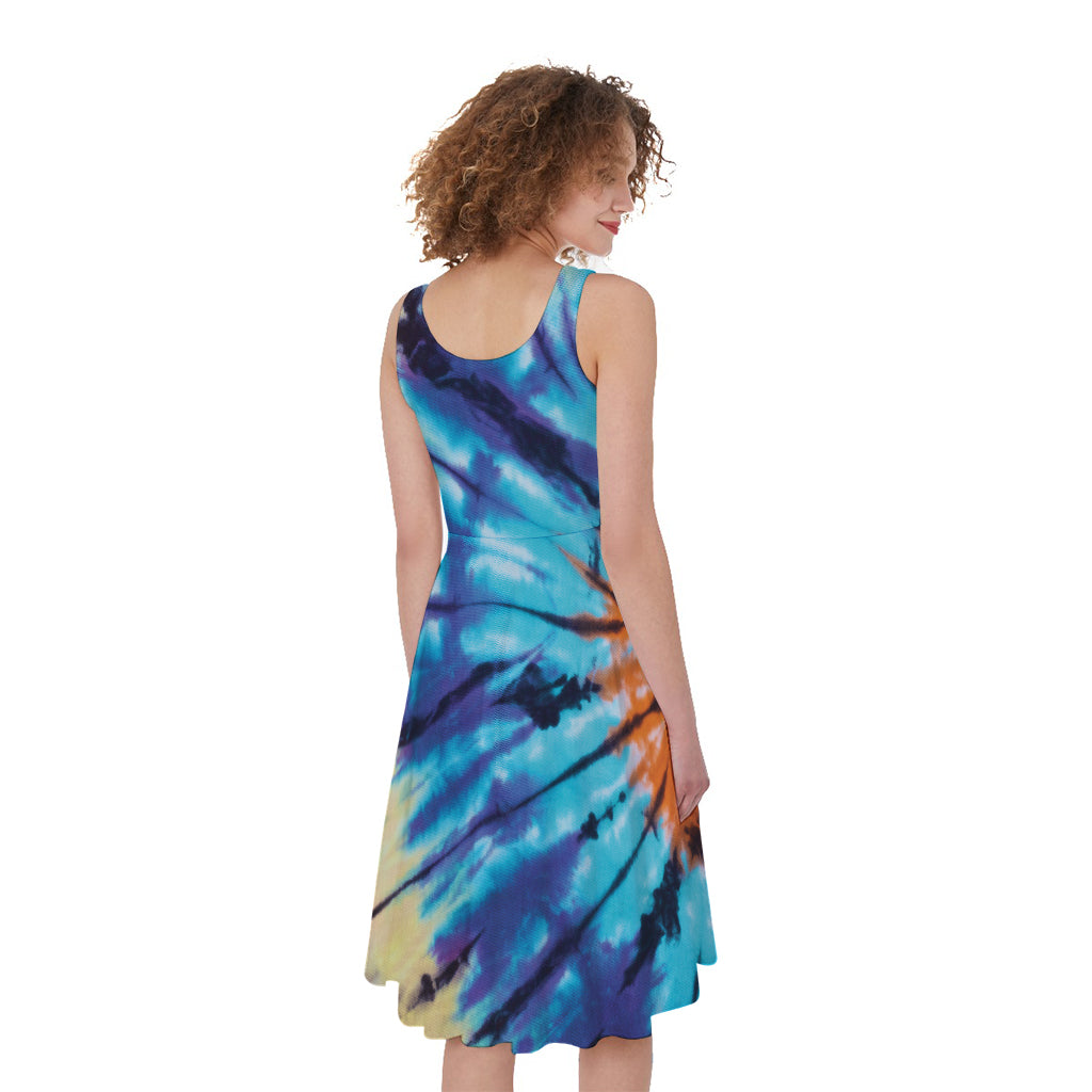 Blue And Orange Tie Dye Print Women's Sleeveless Dress