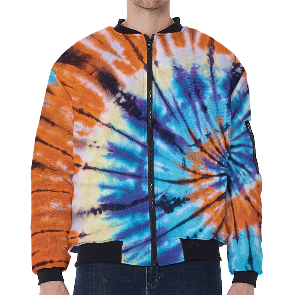 Blue And Orange Tie Dye Print Zip Sleeve Bomber Jacket