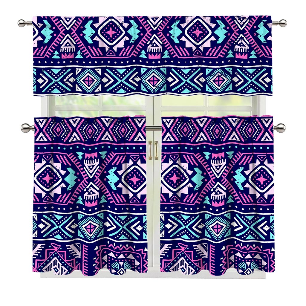 Blue And Pink Aztec Pattern Print 3 Piece Kitchen Curtains