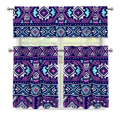 Blue And Pink Aztec Pattern Print 3 Piece Kitchen Curtains