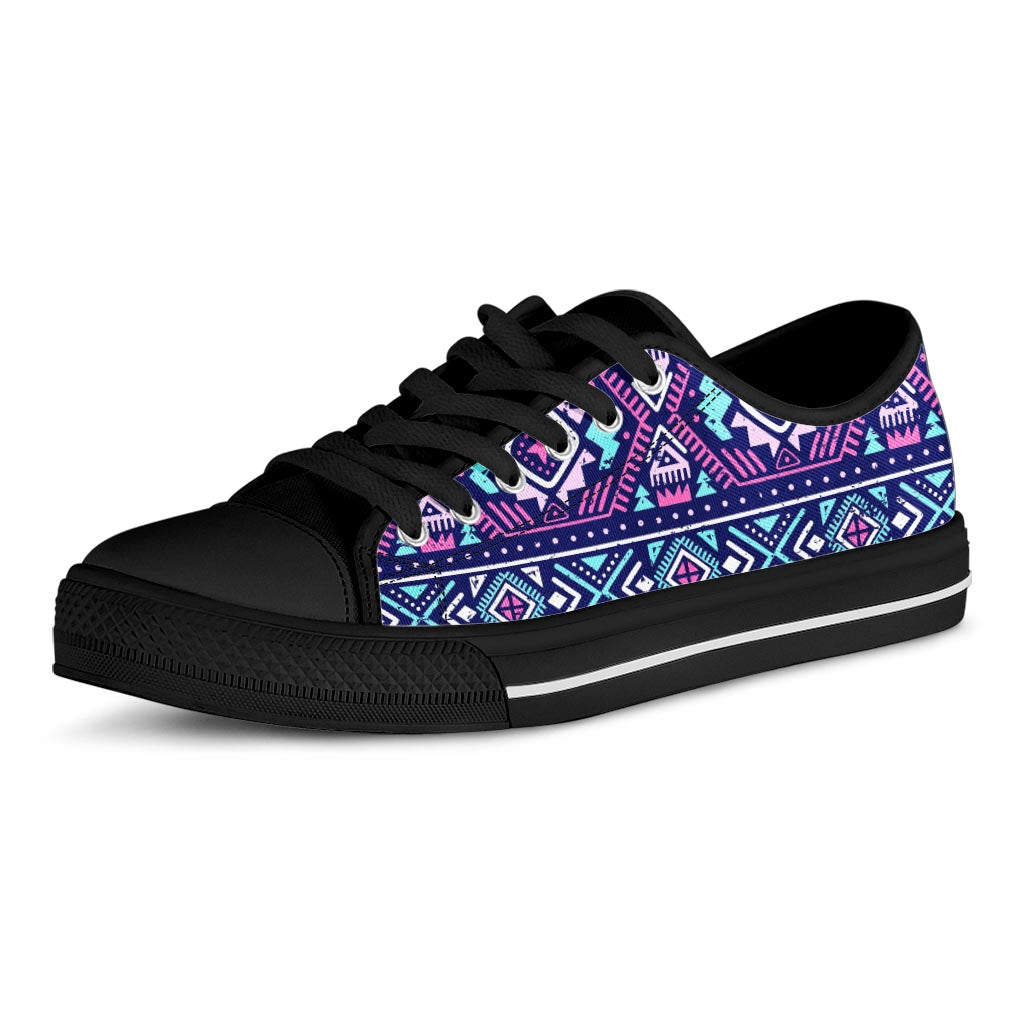 Blue And Pink Aztec Pattern Print Black Low Top Sneakers