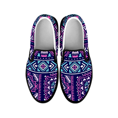 Blue And Pink Aztec Pattern Print Black Slip On Sneakers