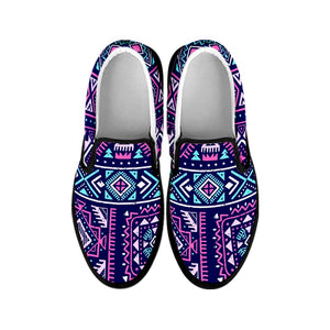 Blue And Pink Aztec Pattern Print Black Slip On Sneakers