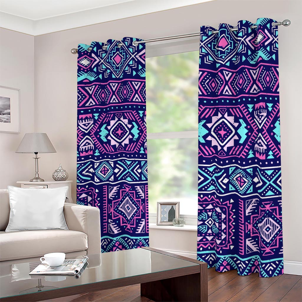 Blue And Pink Aztec Pattern Print Blackout Grommet Curtains