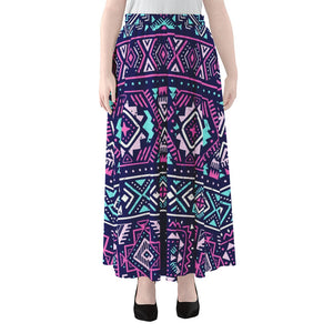 Blue And Pink Aztec Pattern Print Chiffon Maxi Skirt