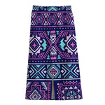 Blue And Pink Aztec Pattern Print Cotton Front Slit Maxi Skirt