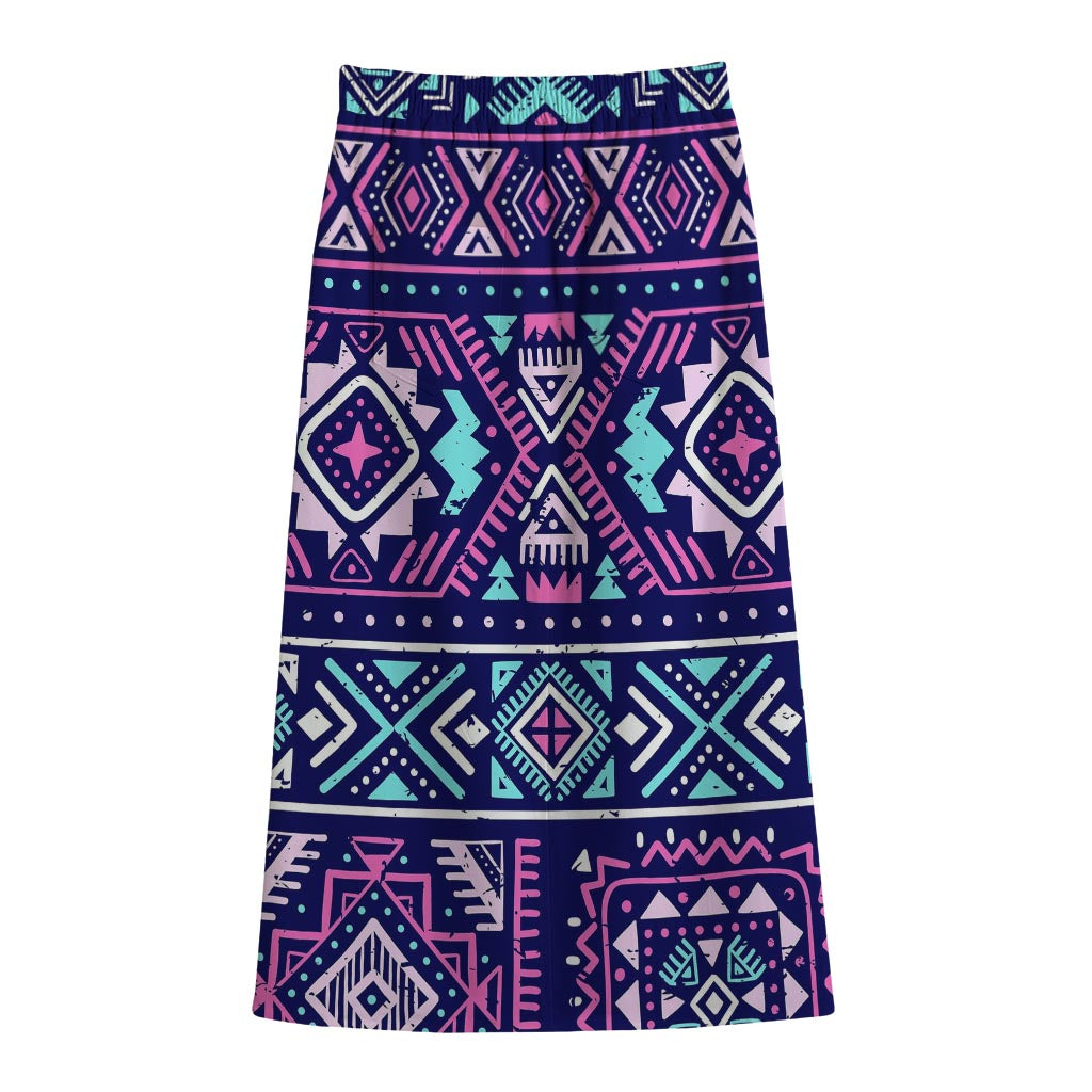 Blue And Pink Aztec Pattern Print Cotton Front Slit Maxi Skirt