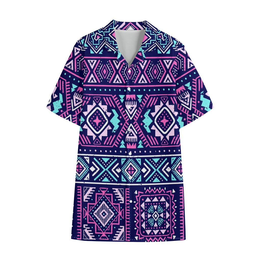Blue And Pink Aztec Pattern Print Cotton Hawaiian Shirt
