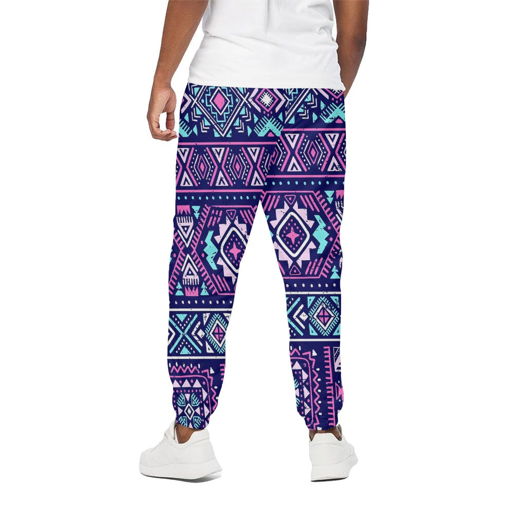 Blue And Pink Aztec Pattern Print Cotton Pants