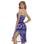 Blue And Pink Aztec Pattern Print Cross Back Cami Dress
