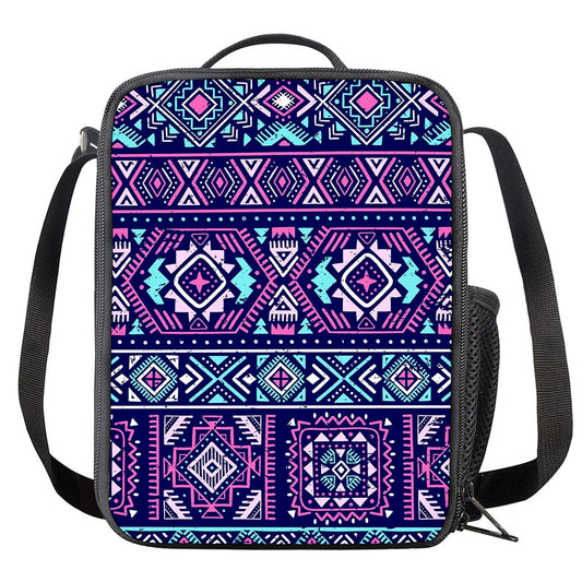 Blue And Pink Aztec Pattern Print Crossbody Lunch Bag