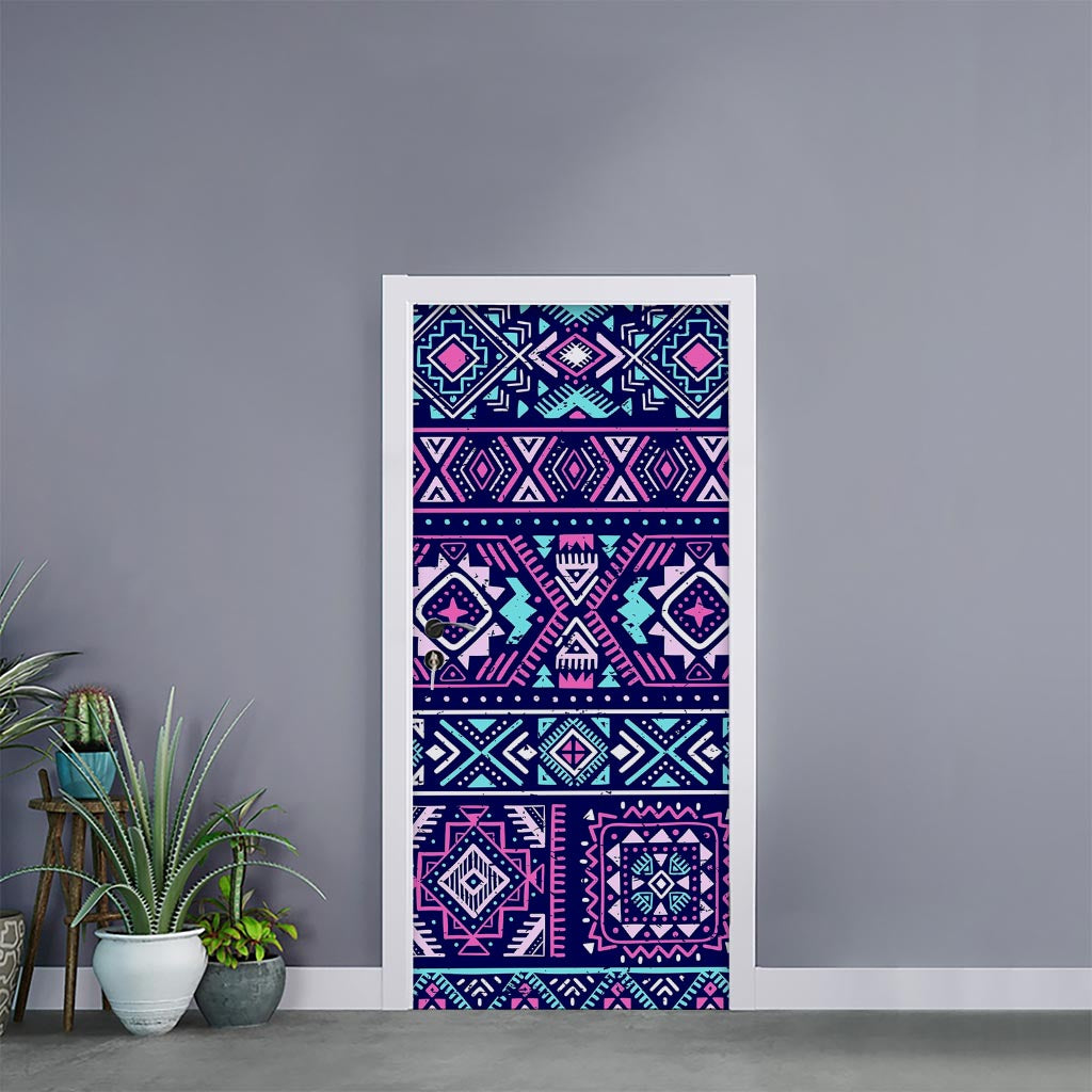 Blue And Pink Aztec Pattern Print Door Sticker