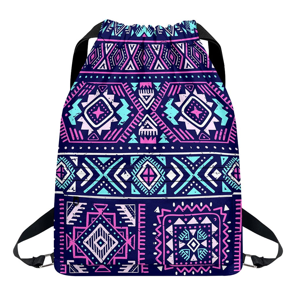 Blue And Pink Aztec Pattern Print Drawstring Backpack