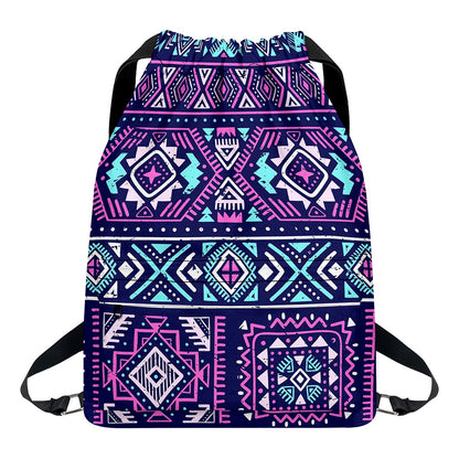Blue And Pink Aztec Pattern Print Drawstring Backpack