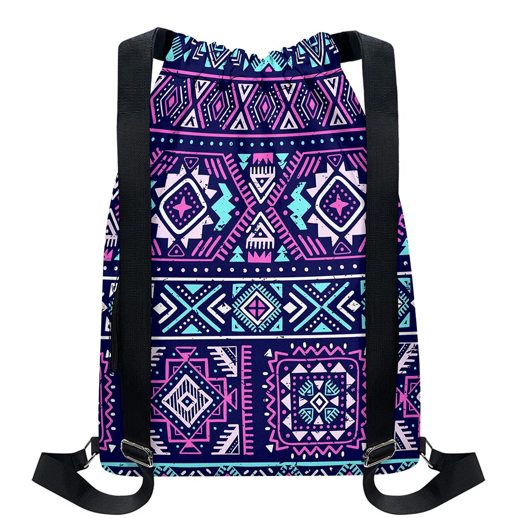 Blue And Pink Aztec Pattern Print Drawstring Backpack
