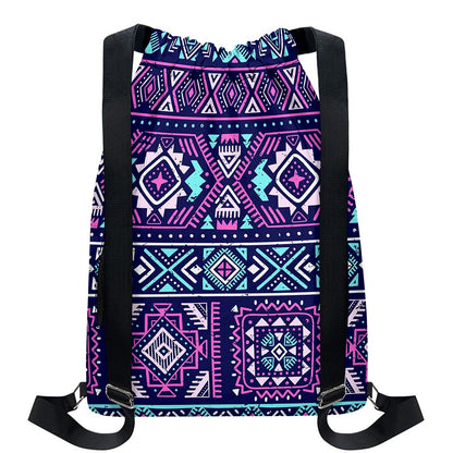 Blue And Pink Aztec Pattern Print Drawstring Backpack
