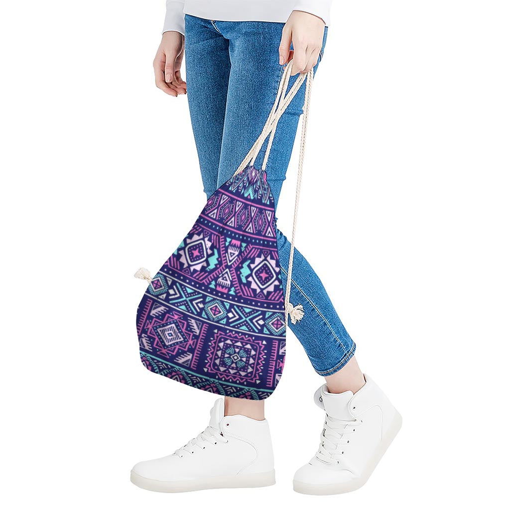 Blue And Pink Aztec Pattern Print Drawstring Bag