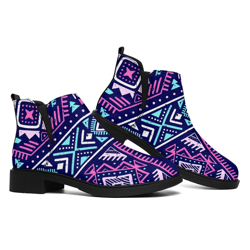 Blue And Pink Aztec Pattern Print Flat Ankle Boots