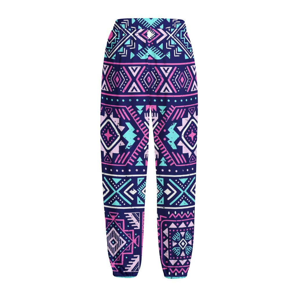 Blue And Pink Aztec Pattern Print Fleece Lined Knit Pants