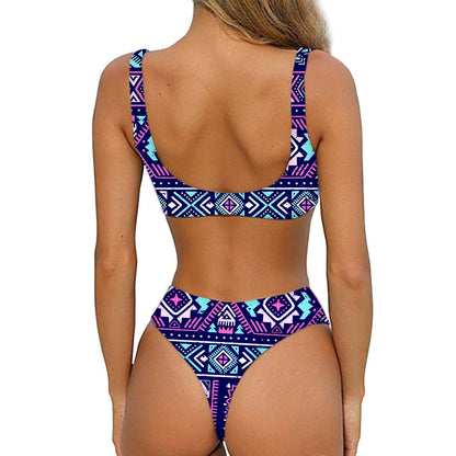 Blue And Pink Aztec Pattern Print Front Bow Tie Bikini