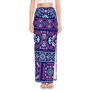 Blue And Pink Aztec Pattern Print High Slit Maxi Skirt