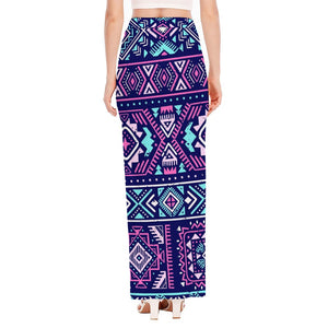 Blue And Pink Aztec Pattern Print High Slit Maxi Skirt