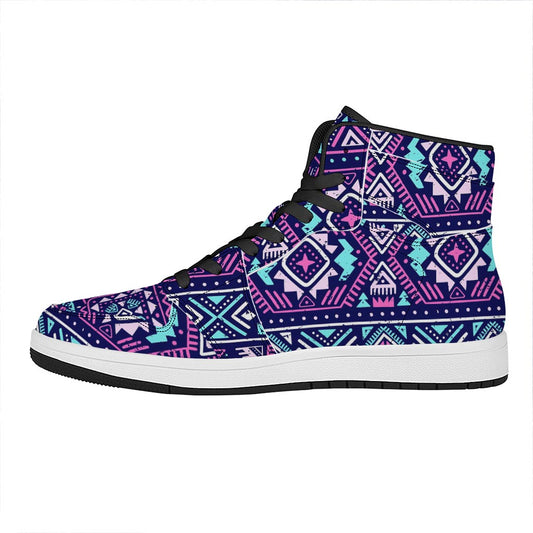 Blue And Pink Aztec Pattern Print High Top Leather Sneakers