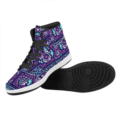 Blue And Pink Aztec Pattern Print High Top Leather Sneakers