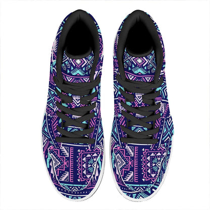 Blue And Pink Aztec Pattern Print High Top Leather Sneakers
