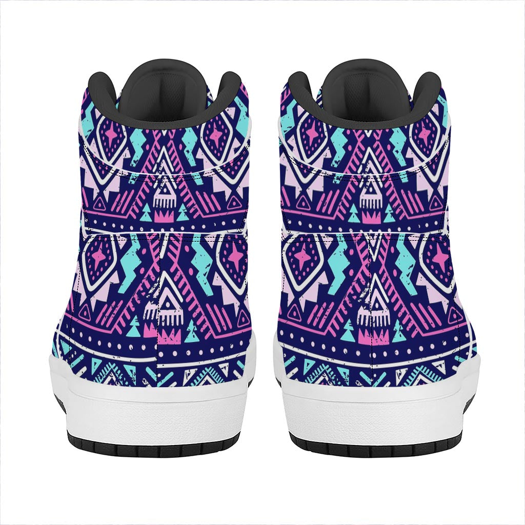 Blue And Pink Aztec Pattern Print High Top Leather Sneakers