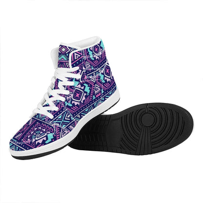 Blue And Pink Aztec Pattern Print High Top Leather Sneakers