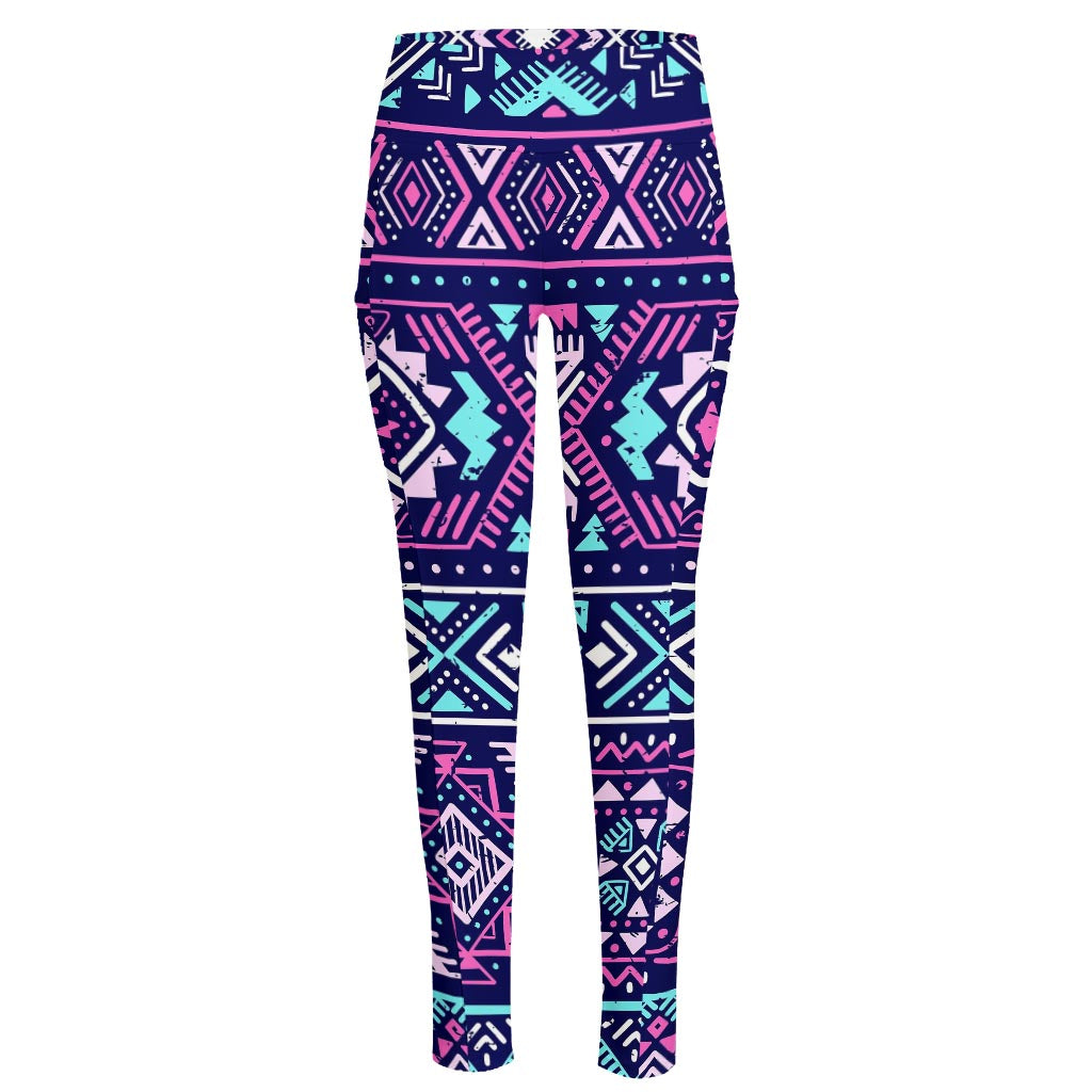 Blue And Pink Aztec Pattern Print High-Waisted Pocket Leggings